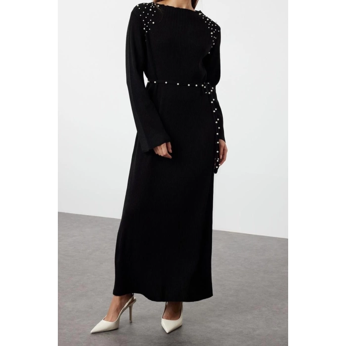 Moda Regular Günlük Ribana Kaşkorse Triko Bisiklet Yaka Uzun Kol Shift Maxi Boy Tesettür Elbise