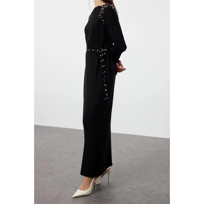 Moda Regular Günlük Ribana Kaşkorse Triko Bisiklet Yaka Uzun Kol Shift Maxi Boy Tesettür Elbise