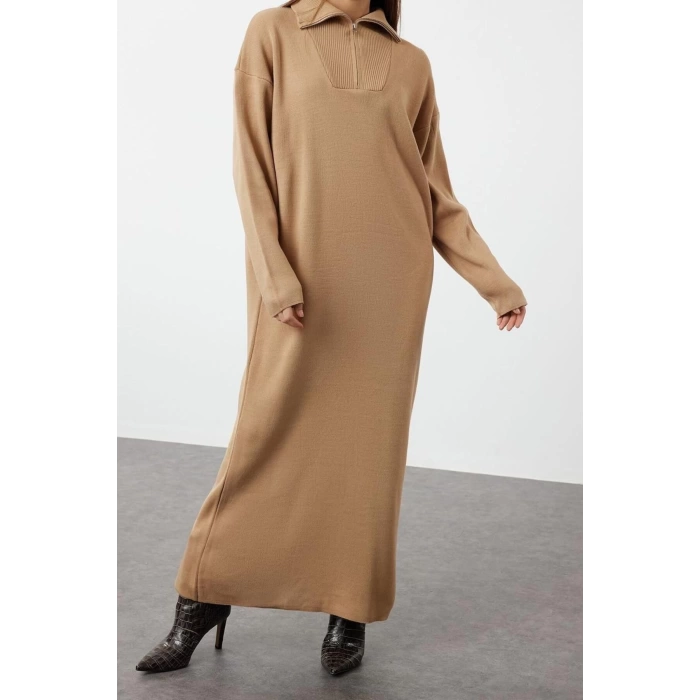 Fashion Comfortable Casual Daily Double Plate Knitwear Stand Collar Long Sleeve Shift Maxi Length Hijab Dress