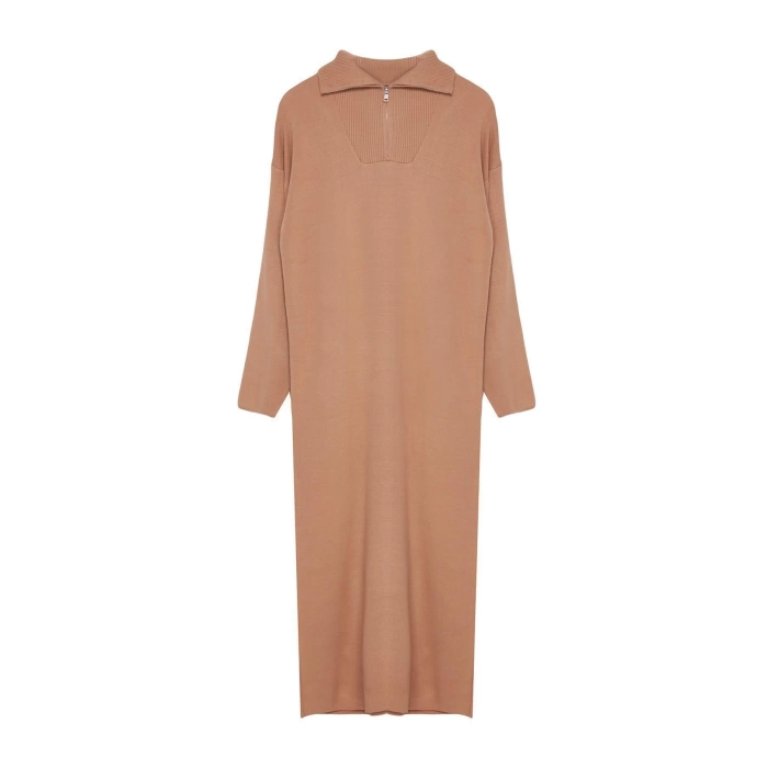 Fashion Comfortable Casual Daily Double Plate Knitwear Stand Collar Long Sleeve Shift Maxi Length Hijab Dress