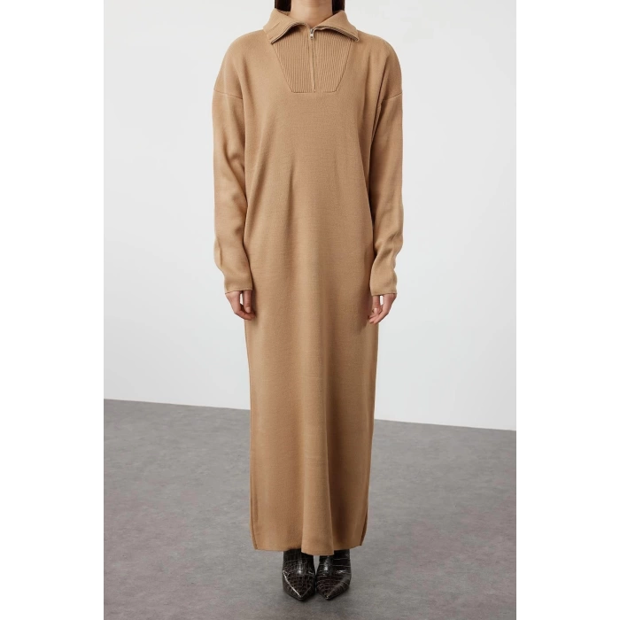 Fashion Comfortable Casual Daily Double Plate Knitwear Stand Collar Long Sleeve Shift Maxi Length Hijab Dress