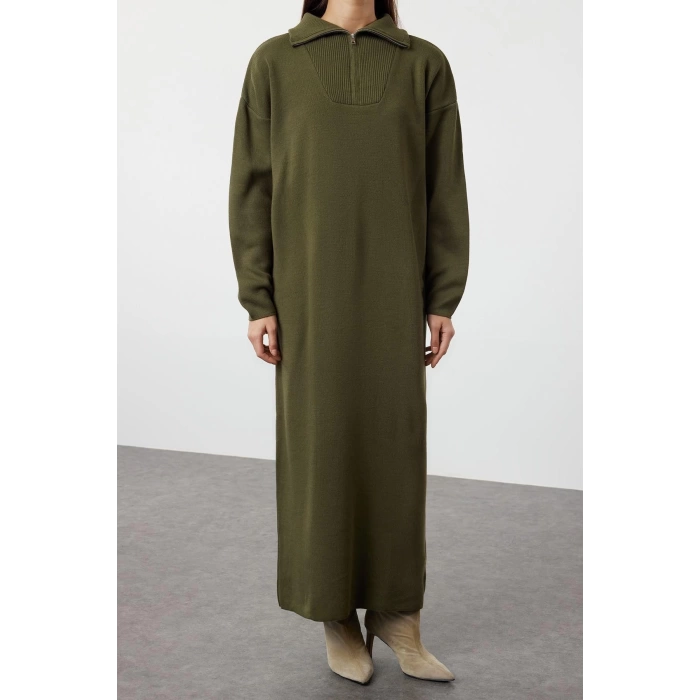 Fashion Comfortable Casual Daily Double Plate Knitwear Stand Collar Long Sleeve Shift Maxi Length Hijab Dress