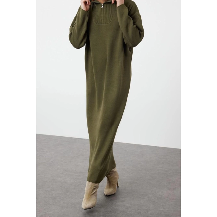 Fashion Comfortable Casual Daily Double Plate Knitwear Stand Collar Long Sleeve Shift Maxi Length Hijab Dress