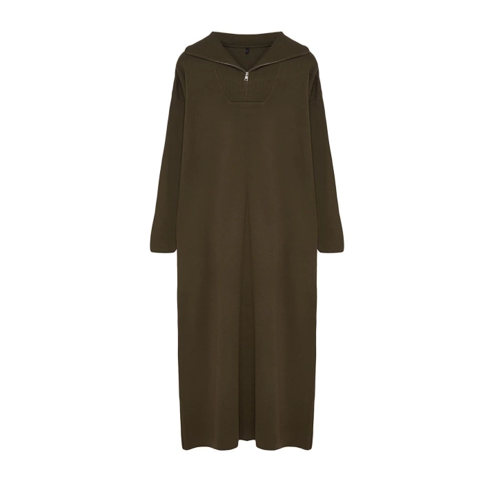 Fashion Comfortable Casual Daily Double Plate Knitwear Stand Collar Long Sleeve Shift Maxi Length Hijab Dress