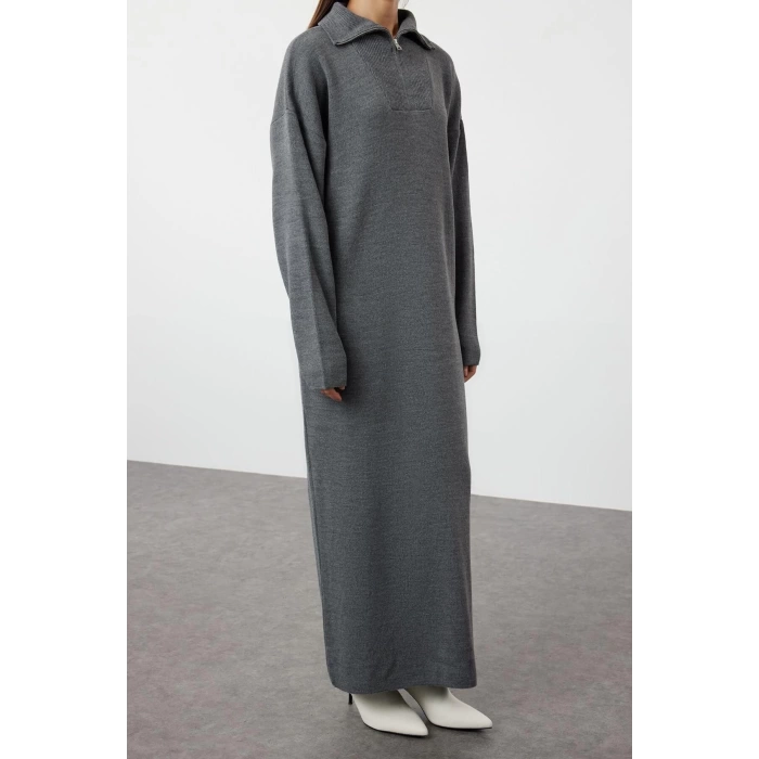 Fashion Comfortable Casual Daily Double Plate Knitwear Stand Collar Long Sleeve Shift Maxi Length Hijab Dress