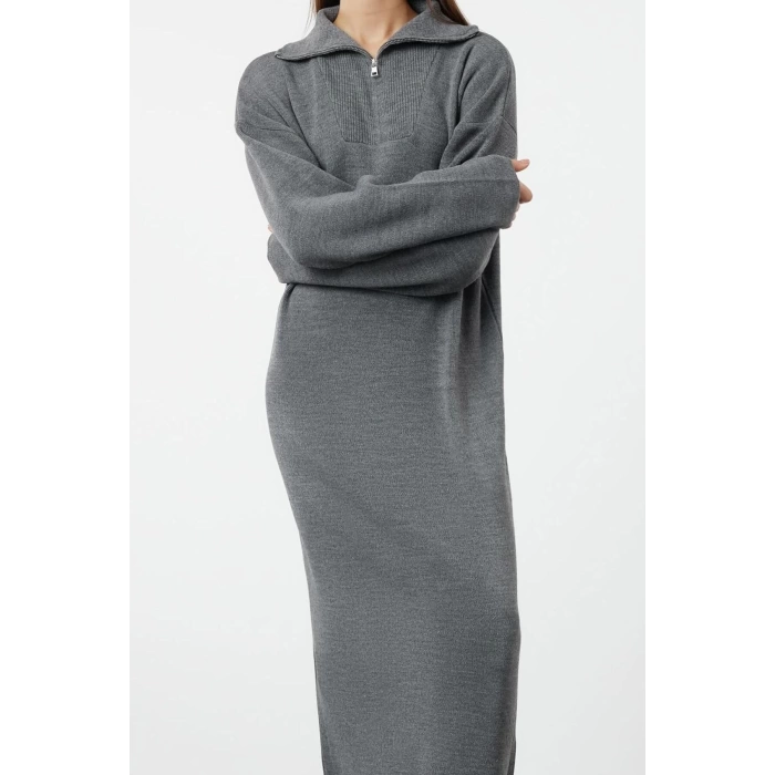 Fashion Comfortable Casual Daily Double Plate Knitwear Stand Collar Long Sleeve Shift Maxi Length Hijab Dress