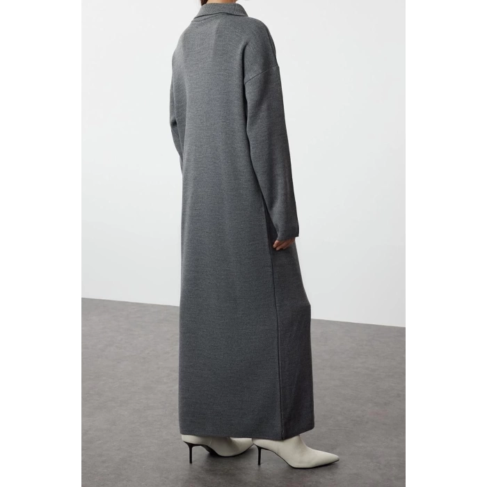 Fashion Comfortable Casual Daily Double Plate Knitwear Stand Collar Long Sleeve Shift Maxi Length Hijab Dress