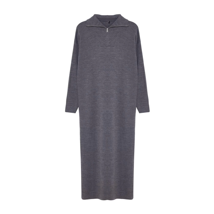 Fashion Comfortable Casual Daily Double Plate Knitwear Stand Collar Long Sleeve Shift Maxi Length Hijab Dress