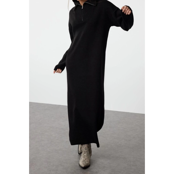 Fashion Comfortable Casual Daily Double Plate Knitwear Stand Collar Long Sleeve Shift Maxi Length Hijab Dress