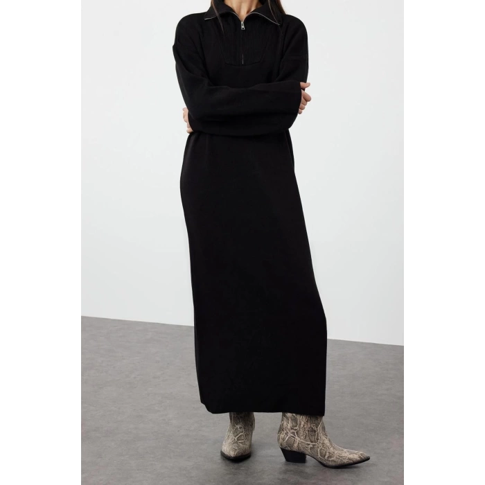 Fashion Comfortable Casual Daily Double Plate Knitwear Stand Collar Long Sleeve Shift Maxi Length Hijab Dress