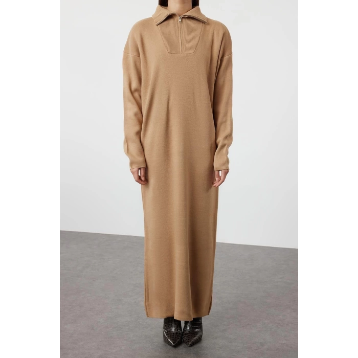 Fashion Comfortable Casual Daily Double Plate Knitwear Stand Collar Long Sleeve Shift Maxi Length Hijab Dress