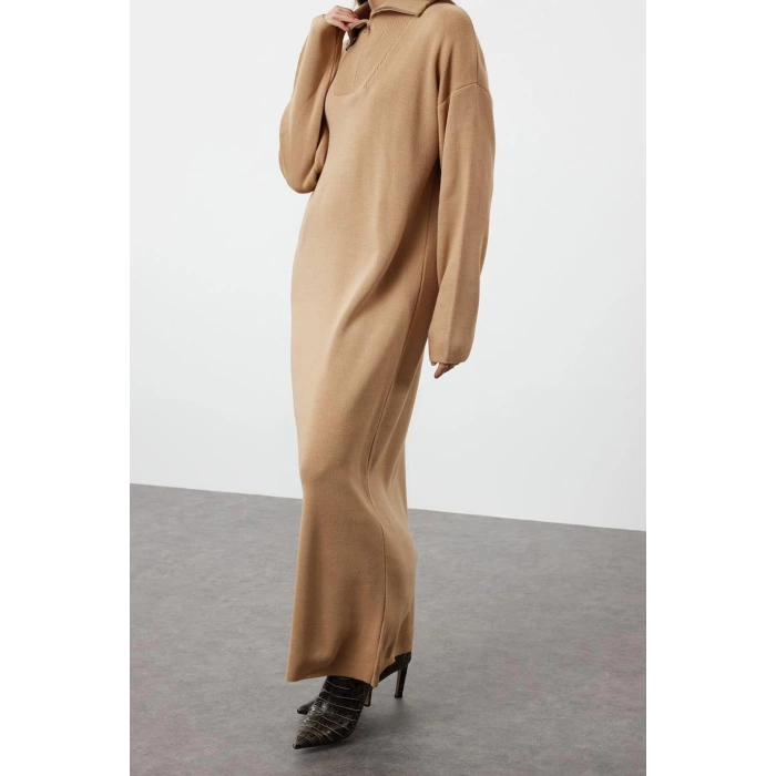 Fashion Comfortable Casual Daily Double Plate Knitwear Stand Collar Long Sleeve Shift Maxi Length Hijab Dress