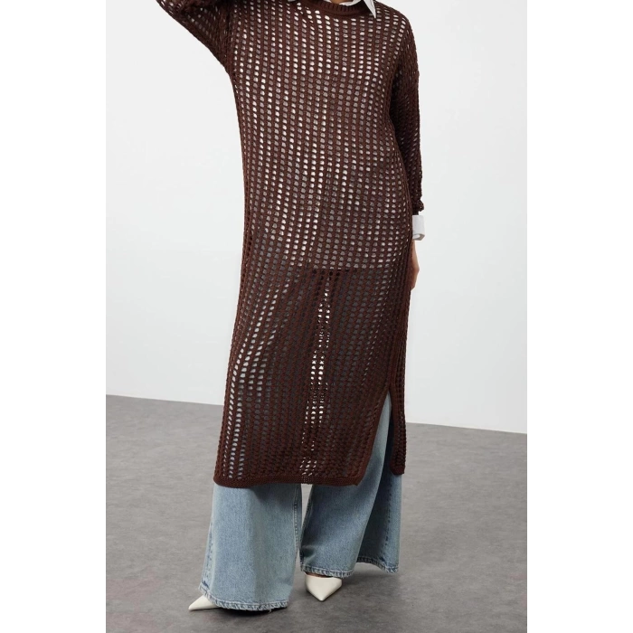 Moda Oversize Casual Günlük Ajur Triko Bisiklet Yaka Uzun Kol Basic Maxi Boy Tesettür Elbise