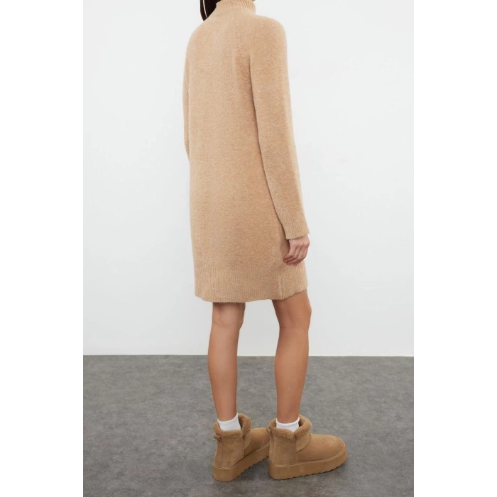 Moda Regular Casual Günlük Tek Plaka Triko Dik Yaka Uzun Kol Shift Mini Boy Elbise