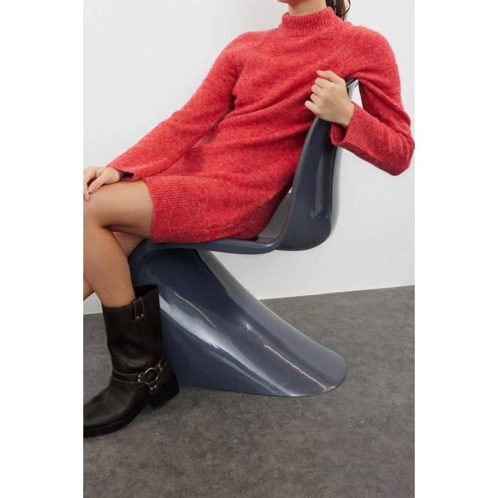 Moda Regular Casual Günlük Tek Plaka Triko Dik Yaka Uzun Kol Shift Mini Boy Elbise