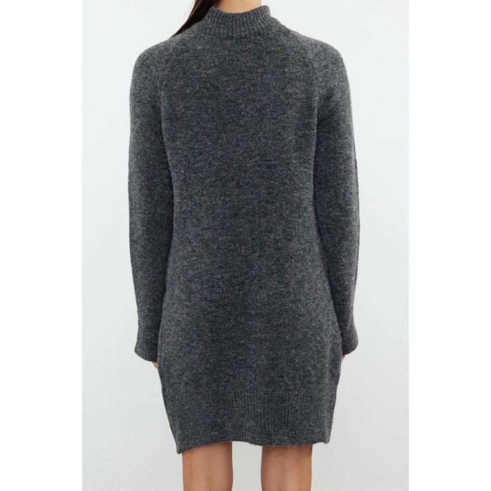 Moda Regular Casual Günlük Tek Plaka Triko Dik Yaka Uzun Kol Shift Mini Boy Elbise