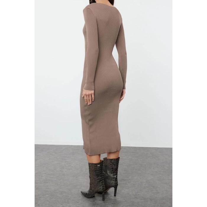 Moda Regular Day Night Single Plate Knitwear V Neck Long Sleeve Bodycone Maxi Length Dress
