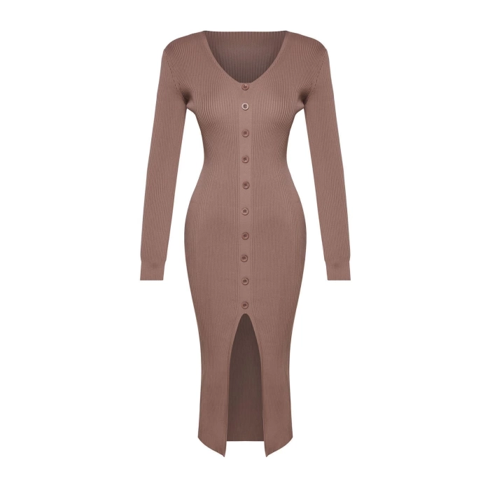 Moda Regular Day Night Single Plate Knitwear V Neck Long Sleeve Bodycone Maxi Length Dress