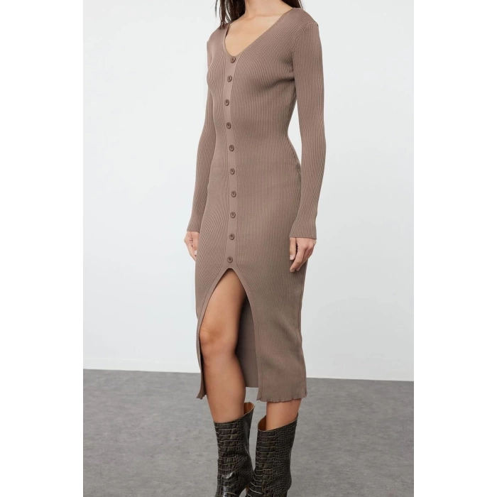 Moda Regular Day Night Single Plate Knitwear V Neck Long Sleeve Bodycone Maxi Length Dress