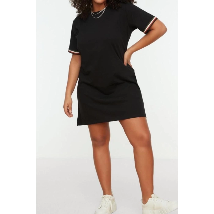 Moda Slim Casual Günlük Süprem Örme V Yaka Kısa Kol Shift Midi Boy Büyük Beden Elbise