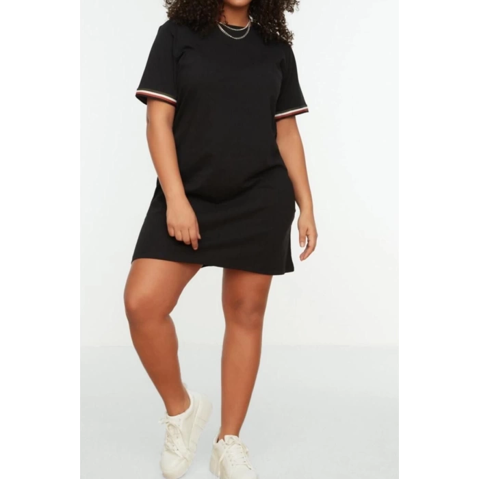 Moda Slim Casual Günlük Süprem Örme V Yaka Kısa Kol Shift Midi Boy Büyük Beden Elbise