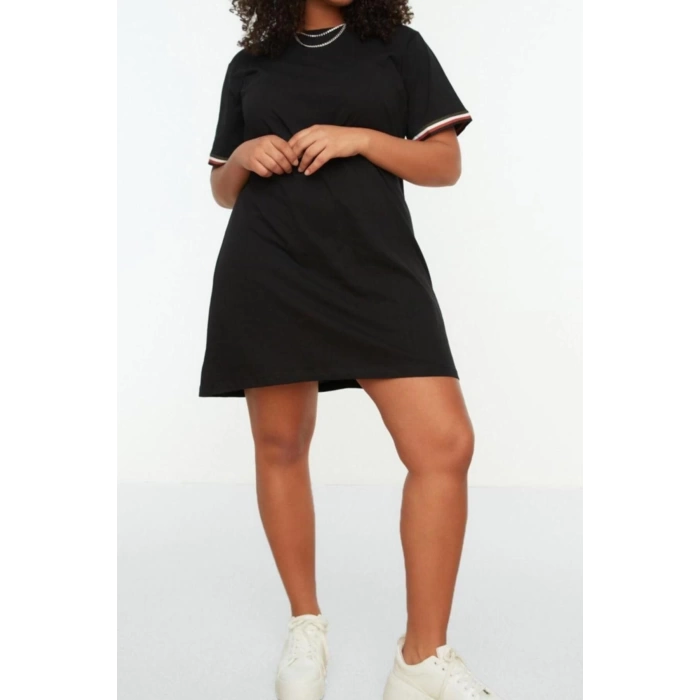 Moda Slim Casual Günlük Süprem Örme V Yaka Kısa Kol Shift Midi Boy Büyük Beden Elbise