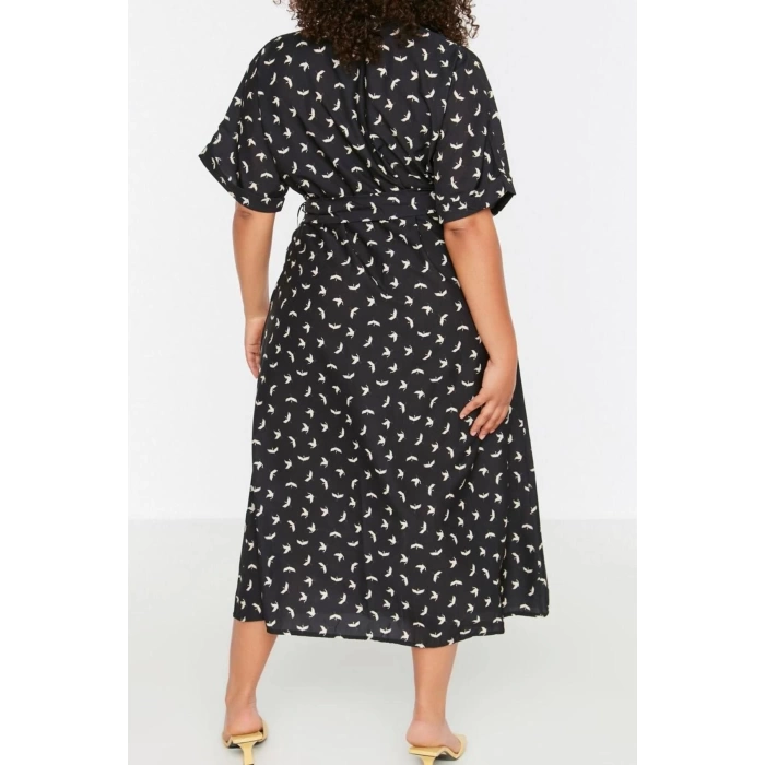 Moda Fit Casual Günlük Shally Dokuma Gömlek Yaka Kısa Kol Gömlek Elbise Midi Boy Büyük Beden Elbise