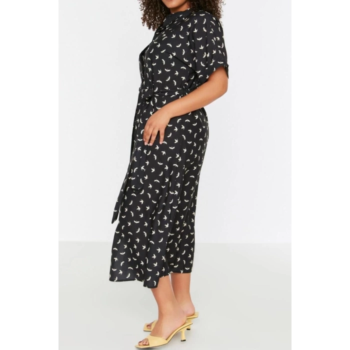 Moda Fit Casual Günlük Shally Dokuma Gömlek Yaka Kısa Kol Gömlek Elbise Midi Boy Büyük Beden Elbise