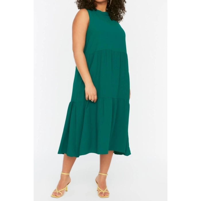Moda Rahat Casual Günlük Aerobin Dokuma Bisiklet Yaka Kolsuz Kol Smock Maxi Boy Büyük Beden Elbise