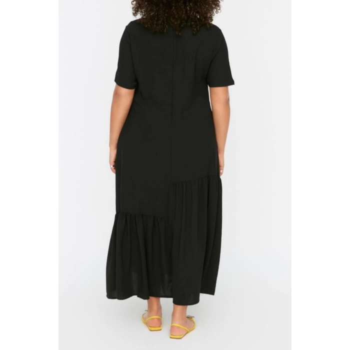 Moda Oversize Casual Günlük Aerobin Dokuma Bisiklet Yaka Kısa Kol A-Line Maxi Boy Büyük Beden Elbise