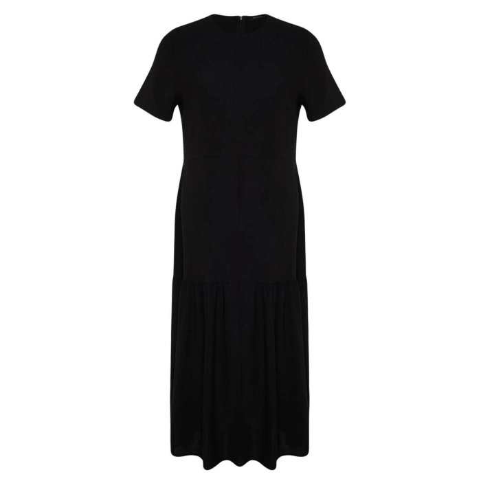 Moda Oversize Casual Günlük Aerobin Dokuma Bisiklet Yaka Kısa Kol A-Line Maxi Boy Büyük Beden Elbise