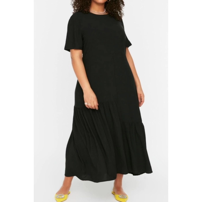 Moda Oversize Casual Günlük Aerobin Dokuma Bisiklet Yaka Kısa Kol A-Line Maxi Boy Büyük Beden Elbise