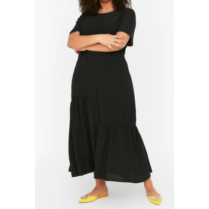 Moda Oversize Casual Günlük Aerobin Dokuma Bisiklet Yaka Kısa Kol A-Line Maxi Boy Büyük Beden Elbise
