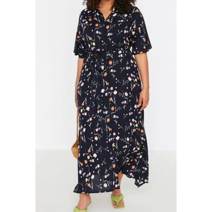 Fashion Comfortable Casual Daily Viscose Woven Shirt Collar Short Sleeve A-Line Maxi Length Plus Size Dress