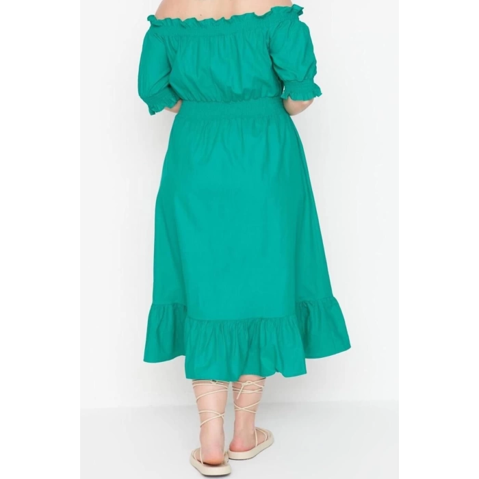 Fashion Comfortable Casual Daily Shally Woven Carmen Collar Short Sleeve A-Line Midi Length Plus Size Dress
