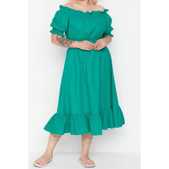 Fashion Comfortable Casual Daily Shally Woven Carmen Collar Short Sleeve A-Line Midi Length Plus Size Dress