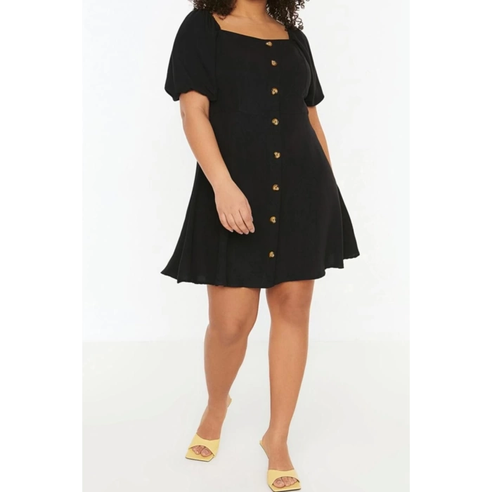 Fashion Fit Casual Daily Shally Woven Square Neck Short Sleeve A-Line Mini Length Plus Size Dress