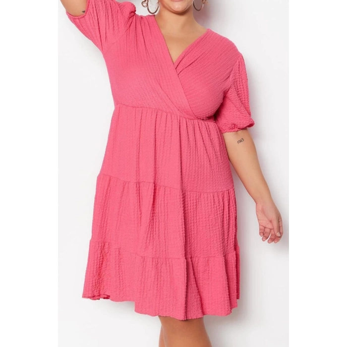 Fashion Comfortable Casual Daily Crepe Knitted Double Breasted Short Sleeve Skater Mini Length Plus Size Dress