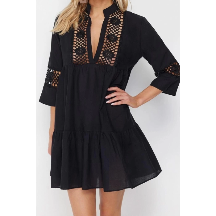 Fashion Regular Beach Casual Voile Woven V Neck Short Sleeve Skater Mini Length Dress