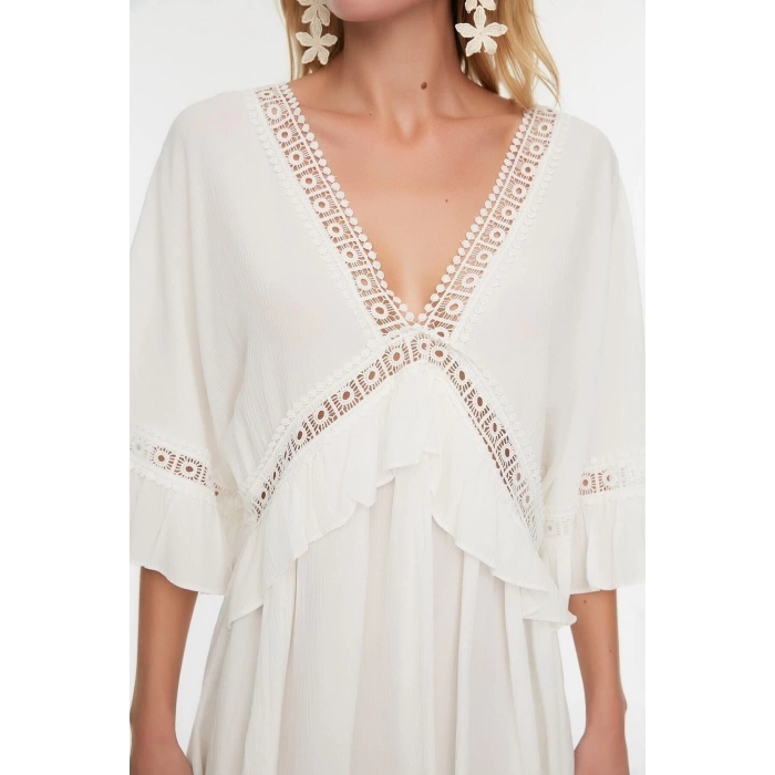 Fashion Regular Beach Daily Crinkle Woven V Neck Three Quarter Sleeve Basic Mini Length Dress