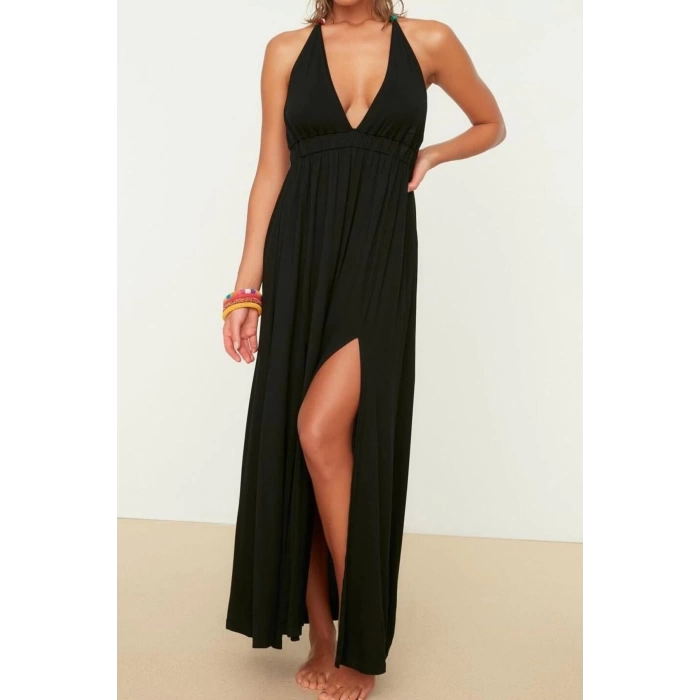 Fashion Casual Beach Daily Jersey Woven V Neck Strappy Sleeve Basic Maxi Length Dress