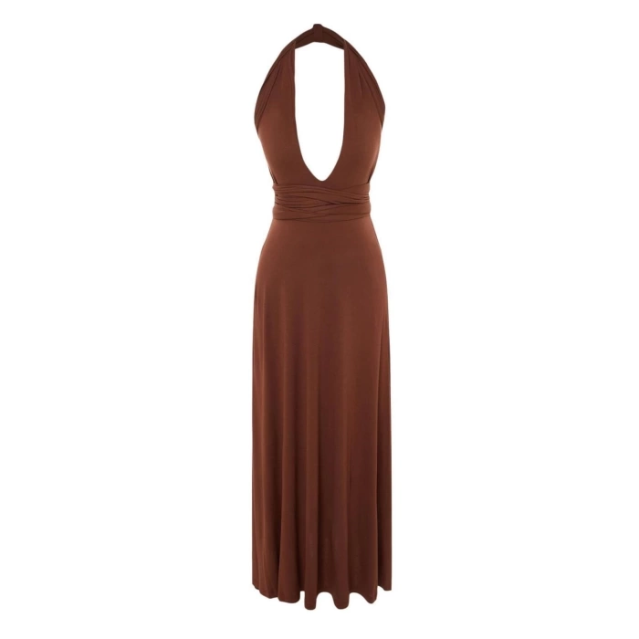 Fashion Regular Beach Daily Jersey Knitted V Neck Strappy Sleeve Shift Maxi Length Dress