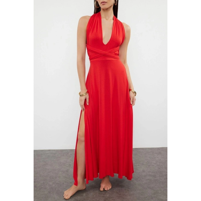 Fashion Regular Beach Daily Jersey Knitted V Neck Strappy Sleeve Shift Maxi Length Dress