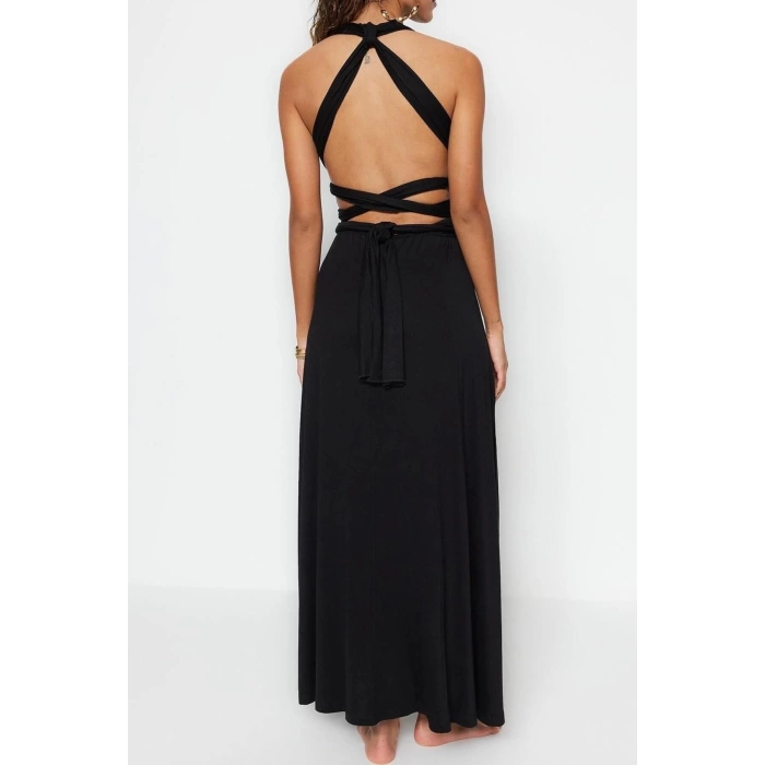Fashion Regular Beach Daily Jersey Knitted V Neck Strappy Sleeve Shift Maxi Length Dress