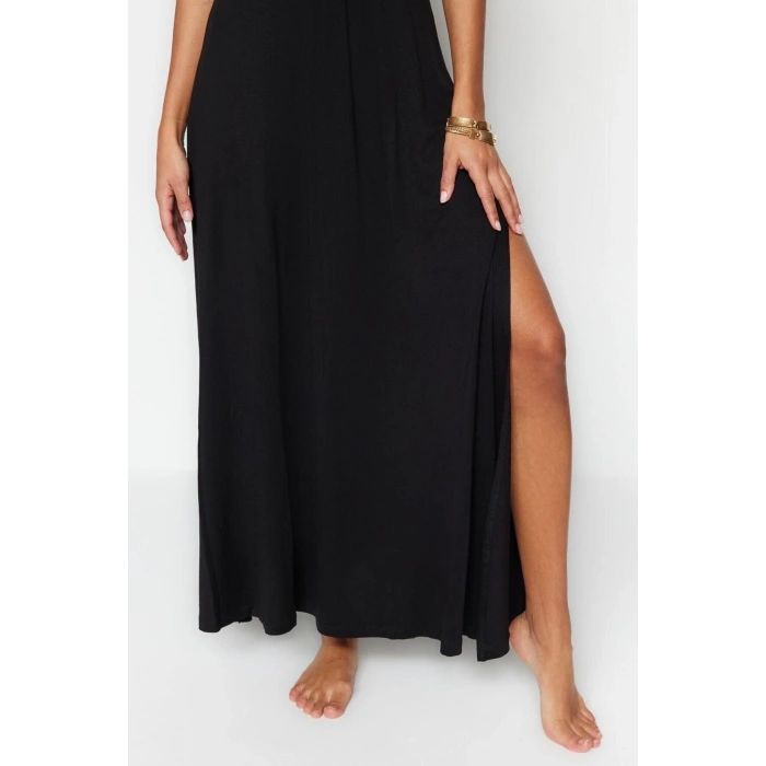 Fashion Regular Beach Daily Jersey Knitted V Neck Strappy Sleeve Shift Maxi Length Dress