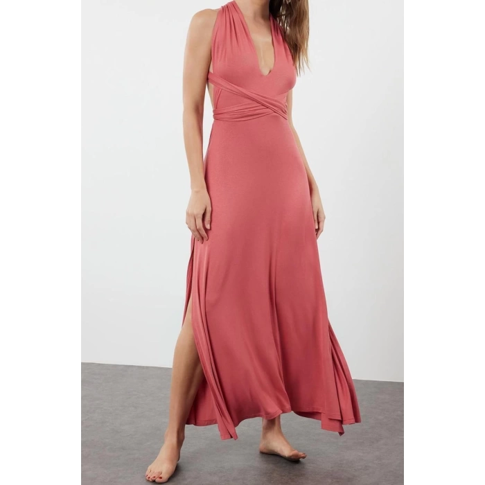 Fashion Regular Beach Daily Jersey Knitted V Neck Strappy Sleeve Shift Maxi Length Dress