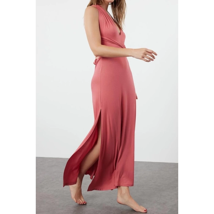Fashion Regular Beach Daily Jersey Knitted V Neck Strappy Sleeve Shift Maxi Length Dress