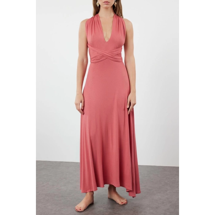 Fashion Regular Beach Daily Jersey Knitted V Neck Strappy Sleeve Shift Maxi Length Dress