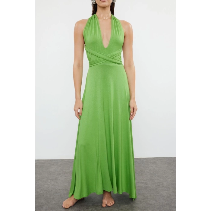 Fashion Regular Beach Daily Jersey Knitted V Neck Strappy Sleeve Shift Maxi Length Dress