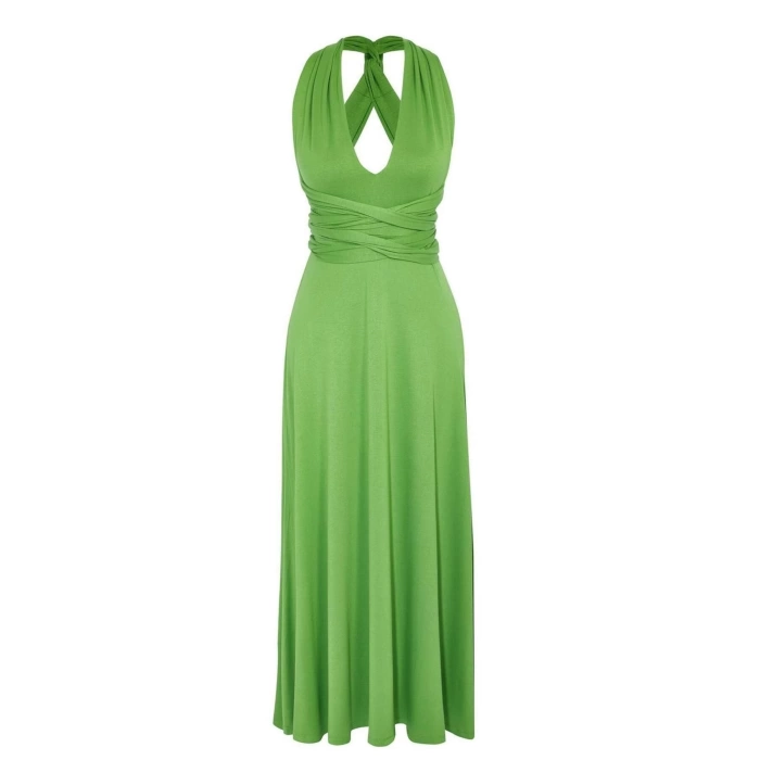 Fashion Regular Beach Daily Jersey Knitted V Neck Strappy Sleeve Shift Maxi Length Dress